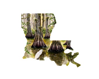 Louisiana state watercolor print, state print, cypress trees, egret watercolor print, Louisiana print, fine art print, 5x7, 8x10.