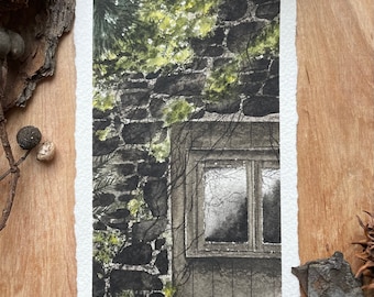 Dark stone house - Original Watercolor - Tiny Painting - 3x5