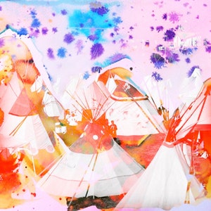 May include: Abstract watercolor painting featuring teepee-like structures in shades of white, orange, and red. The background has splashes of pink, blue, and purple. The artwork has a dreamy, ethereal quality.