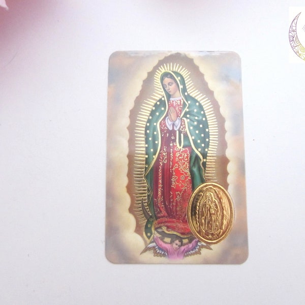 Carte religieuse Notre dame de guadalupe, prière à la vierge, médaille or, image pieuse plastifiée