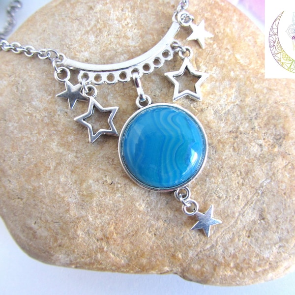 Collier agate bleue, étoile, pierre naturelle