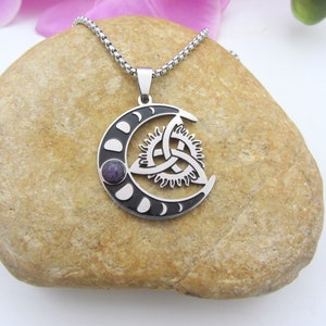 Moon, amethyst, Celtic knot necklace