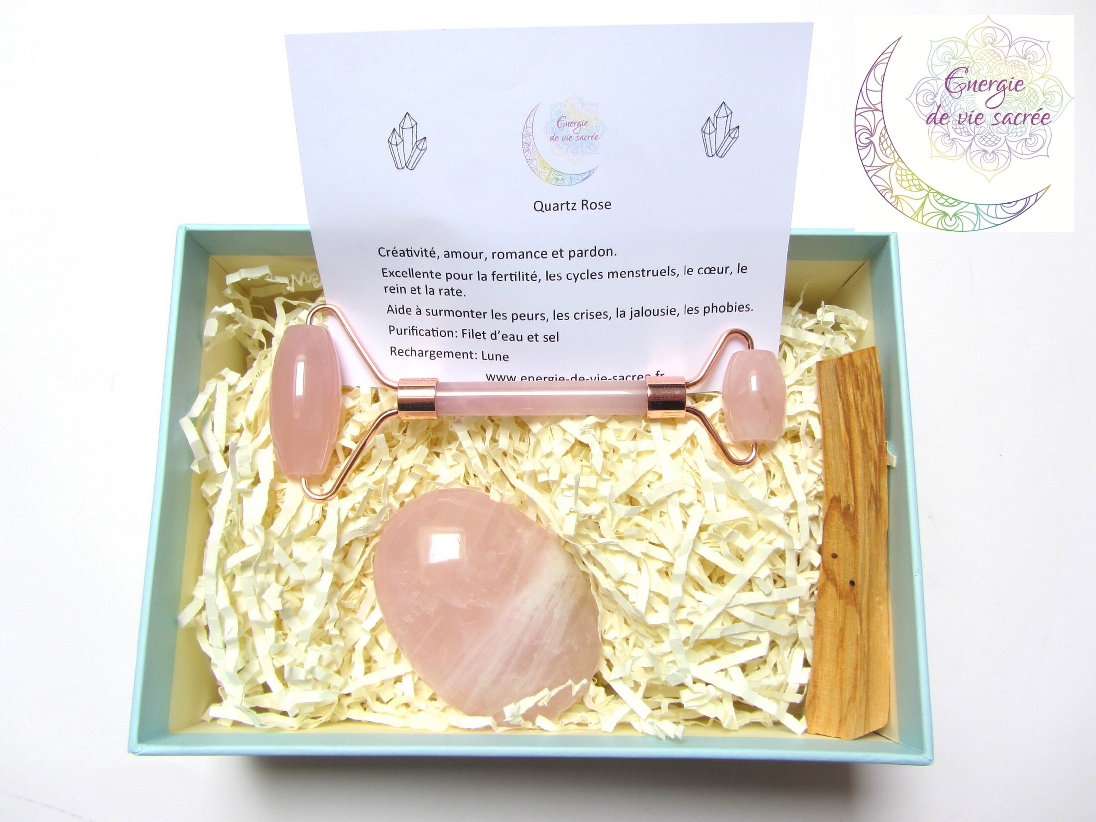 Coffret Quartz Rose, Bien Être Douceur, Galet Rouleau de Massage, Pierre Naturelle, Pour Femme, Cade