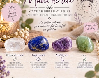 May include: A set of four polished natural stones including clear quartz, lapis lazuli, amethyst, and jade. The image features text in French, including the title Maux de tête, and illustrations of a person holding their head and various icons.