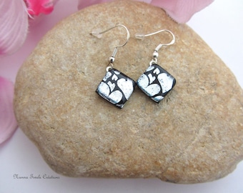 Dichroic glass earrings, hearts, sterling silver 925