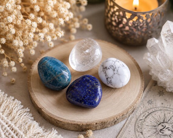 Kit Pierres Émotions – Apatite, Howlite, Lapis Lazuli et Cristal de Roche – Libération émotionnelle, apaisement et équilibre