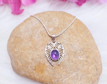 Angel wing silver necklace with amethyst – Natural stone jewelry – Spiritual gift – Protection charm for women