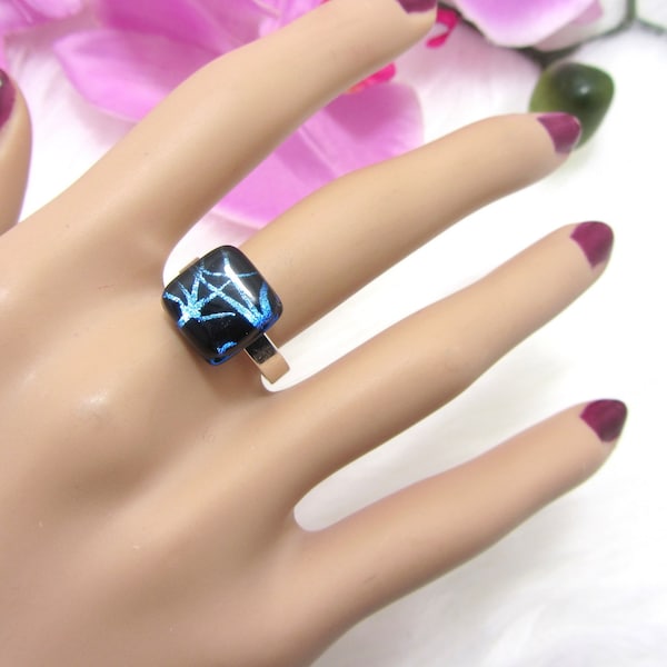 Bague en verre dichroique, bleue, unique