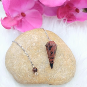 May include: A red and black gemstone pendulum with a silver chain and a small round bead. The pendulum is resting on a light brown stone, with pink flowers in the background.