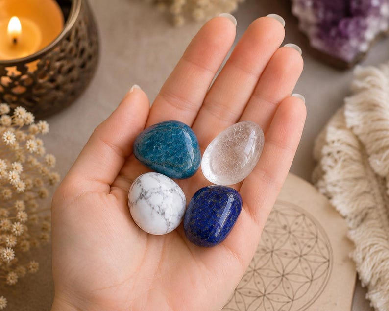 May include: Four polished, smooth, rounded stones resting in a palm. The collection includes one deep blue stone, one clear translucent stone, one white stone with grey veining, and one dark royal blue stone with subtle gold-colored flecks.