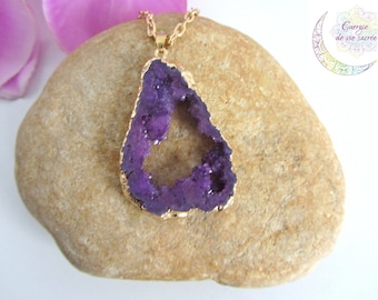 Druzy agate necklace, gold, purple natural stone