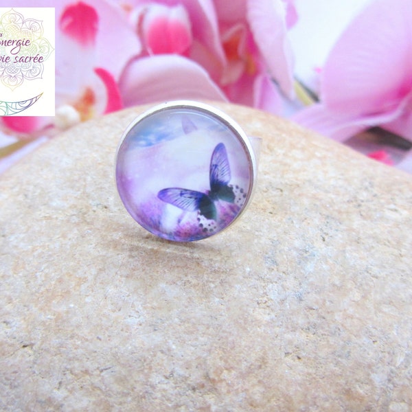 Bague papillon violet, ronde, réglable, fantaisie