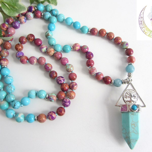 Turquoise necklace, imperial jasper, tree of life, mala