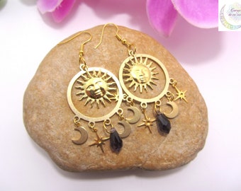 Aros dorados de sol y luna – Joyas astrales bohemias y chic – Idea de regalo para mujer