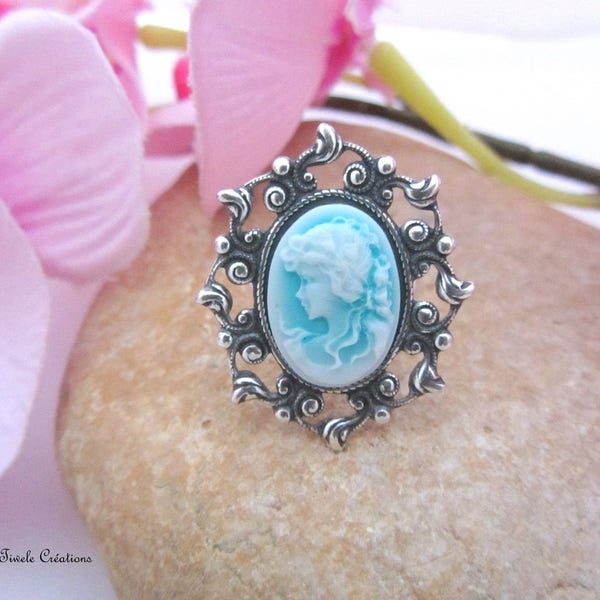 Bague camée,résine, vintage, bleu turquoise