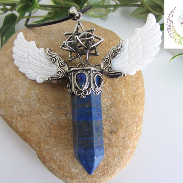 Collier lapis lazuli, aile d'ange, pointe