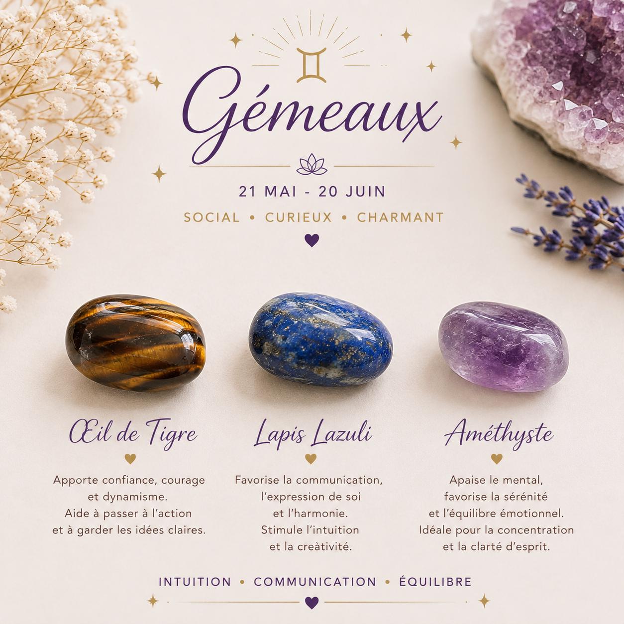 Gemini Crystal Set – Tiger Eye Lapis Lazuli Amethyst – 3 Natural