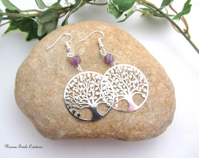 Amethyst stone earrings tree of life sterling silver