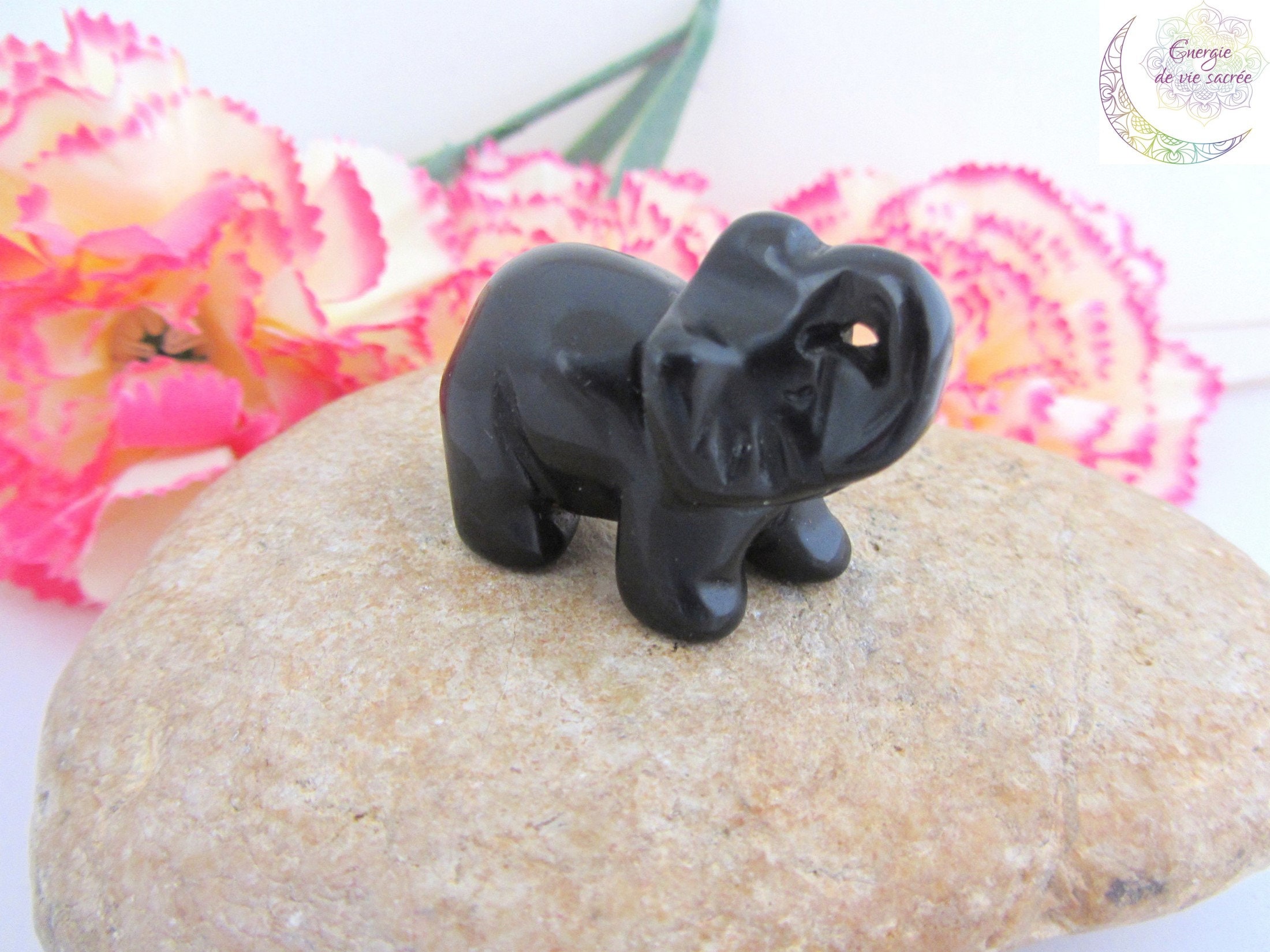 Eléphant en Obsidienne Noire, Pierre Naturelle, Gardien Statue