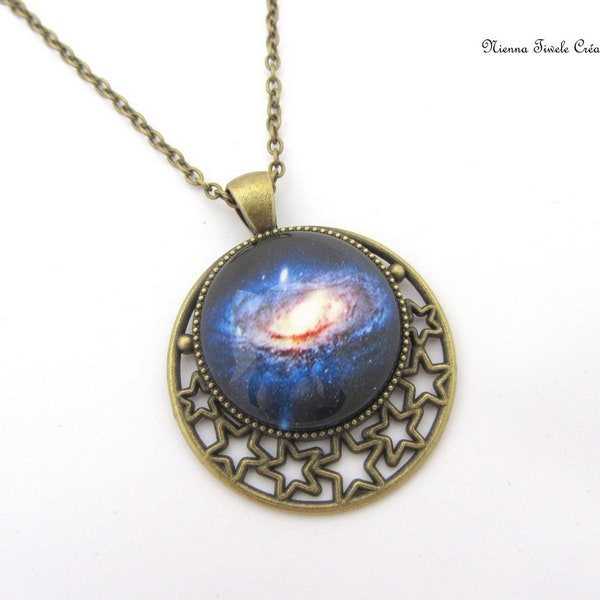 Collier galaxie étoile, cabochon en verre, bronze