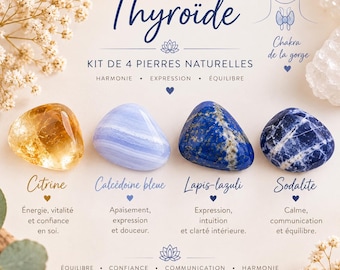 May include: A kit of four natural stones labeled Thyroïde, featuring a yellow citrine, a light blue lace agate, a dark blue lapis lazuli with gold flecks, and a mottled blue and white sodalite, arranged with text and floral accents.