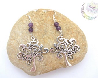 Amethyst tree of life earrings, purple stone, sterling silver