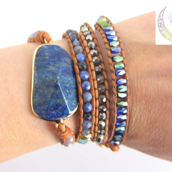 Bracelet lapis lazuli, cuir tissé, manchette