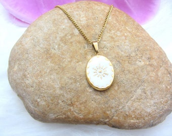 Golden necklace, sun, stars, white pendant