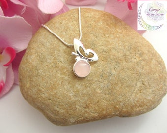 Rose quartz butterfly necklace, sterling silver 925