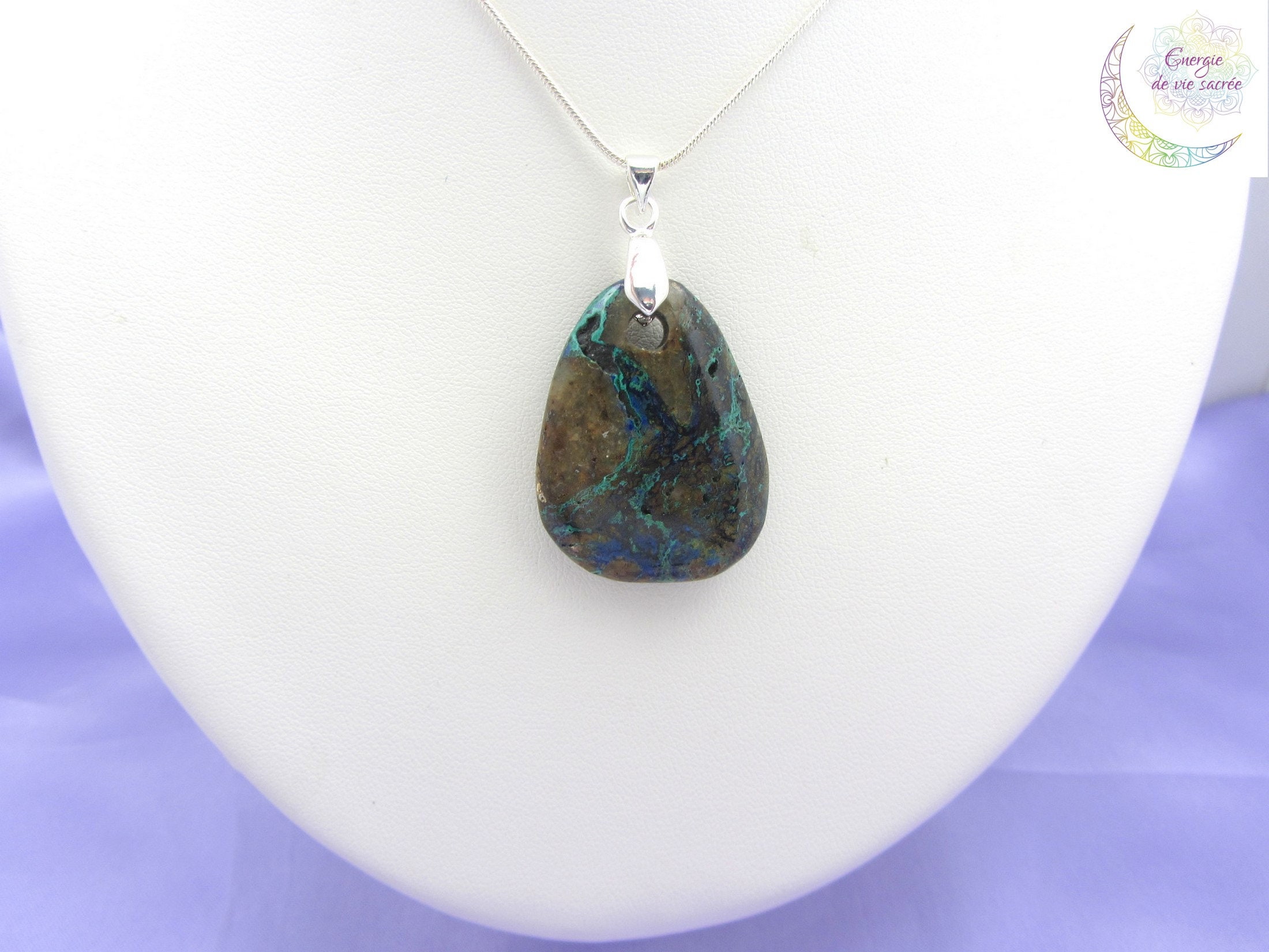 Collier Azurite Malachite Naturel – 46 Cm – 225 Carats – Monture Argent Massif 925 – Fait Main En France