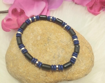 Pulsera de hombre en piedras naturales, Obsidiana Negra y Lapislázuli