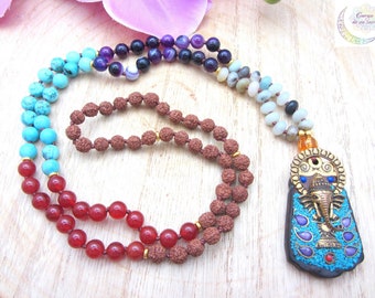 Collar tibetano Ganesh, piedras naturales, mala de 108 cuentas