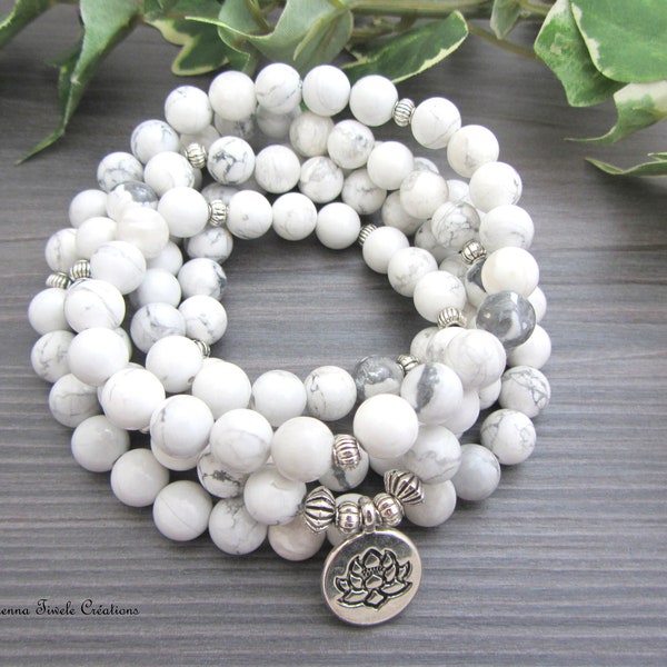 Collier bracelet mala, 108 perles, pierre naturelle howlite