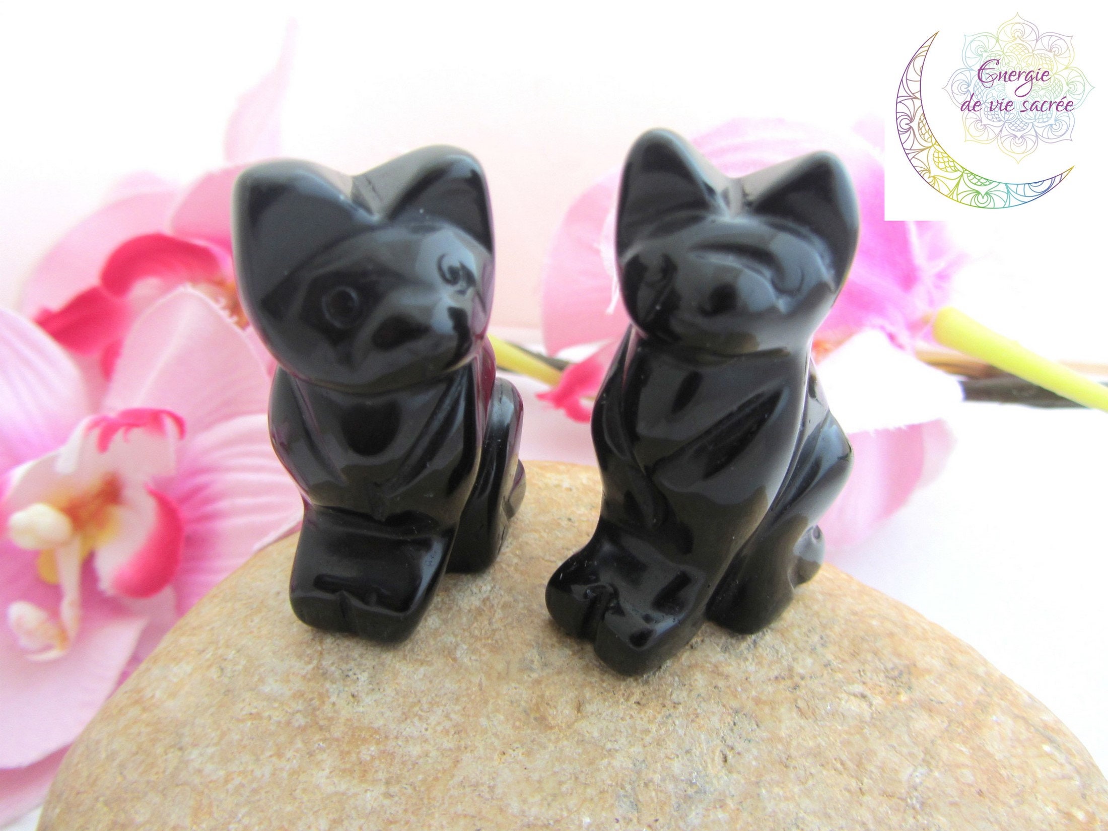 Chat en Obsidienne Noire, Pierre Naturelle, Qualité A, Guardien Statue, Apaisement Émotionnel