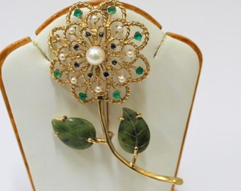 One of a kind flower shaped lapel brooch pin set with carved pear-shaped leaf jade also set with natural emerald/sapphire/pearl stones