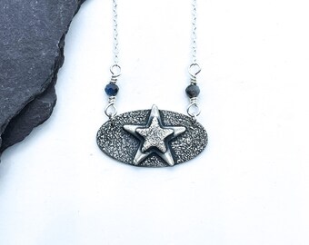 Star bib necklace, blue sapphire necklace, september birthstone, 3D star necklace, 3D celestial necklace, blue sapphire jewellery