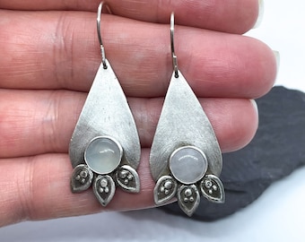 Silver petal earrings, bohemian earrings, rose quartz earrings, statement silver earrings, teardrop shaped earrings