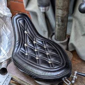 Custom cobra leather style solo seat bobber chopper Harley Triumph etc ribbed fender rigid frame