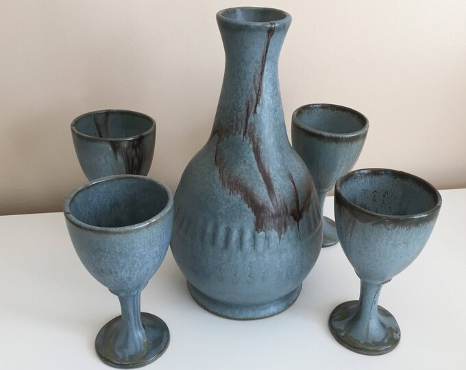 Vintage BMP Blue Mountain Pottery Wine Decanter Carafe and 4 Goblets