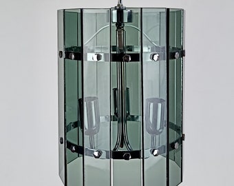 Veca attributable 1960s Italian three-light lantern. Chrome frame and smoky gray crystal plates.