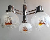 Space Age Mazzega chrome steel 70s Vintage Italian 3 lights chandelier. Clear milky and amber Murano art glass bowls. Mid century modern.