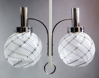 Murano Italian Space Age 1960s rise-and-fall two-light pendant lamp. Chrome & clear/white art glass bowls.