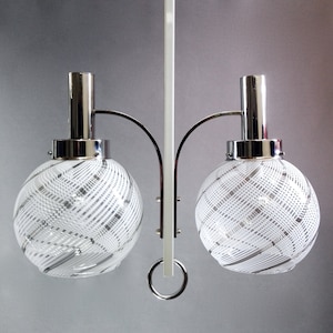 Murano Italian Space Age 1960s rise-and-fall two-light pendant lamp. Chrome & clear/white art glass bowls.