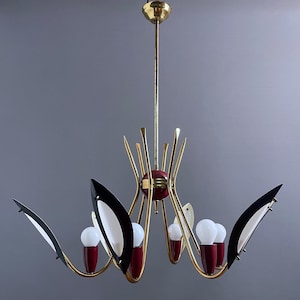 1950s six-light Italian Brass and Lacquered Metal Chandelier. Mid-Century Modern Design.