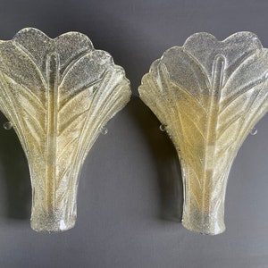 XL large pair of Murano art glass 90s sconces. Barovier and Toso style. Amber-colored Graniglia and gilt metal frames.