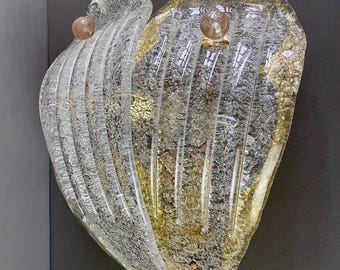 Murano glass wall light with three “graniglia” leaves, 1980s Italian vintage two-light sconce