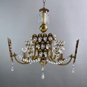 Vintage Hollywood Regency Crystal Chandelier, Gilded 5 Light Ceiling Lamp – Glam Vintage Lighting