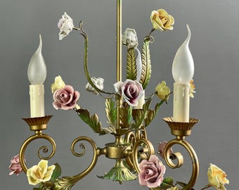 Vintage 1950s three-light gilt metal chandelier with hand-painted ceramic roses, Italian Hollywood Regency style