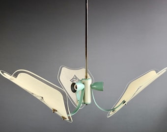 Italian 1950s three-light chandelier in lacquered metal and decorated glass.