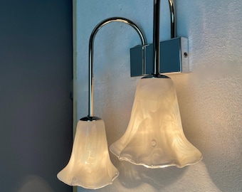 La Murrina Murano. Pair of two-light wall lamps in hand-worked art glass and chrome frames. Italy, 1990s.